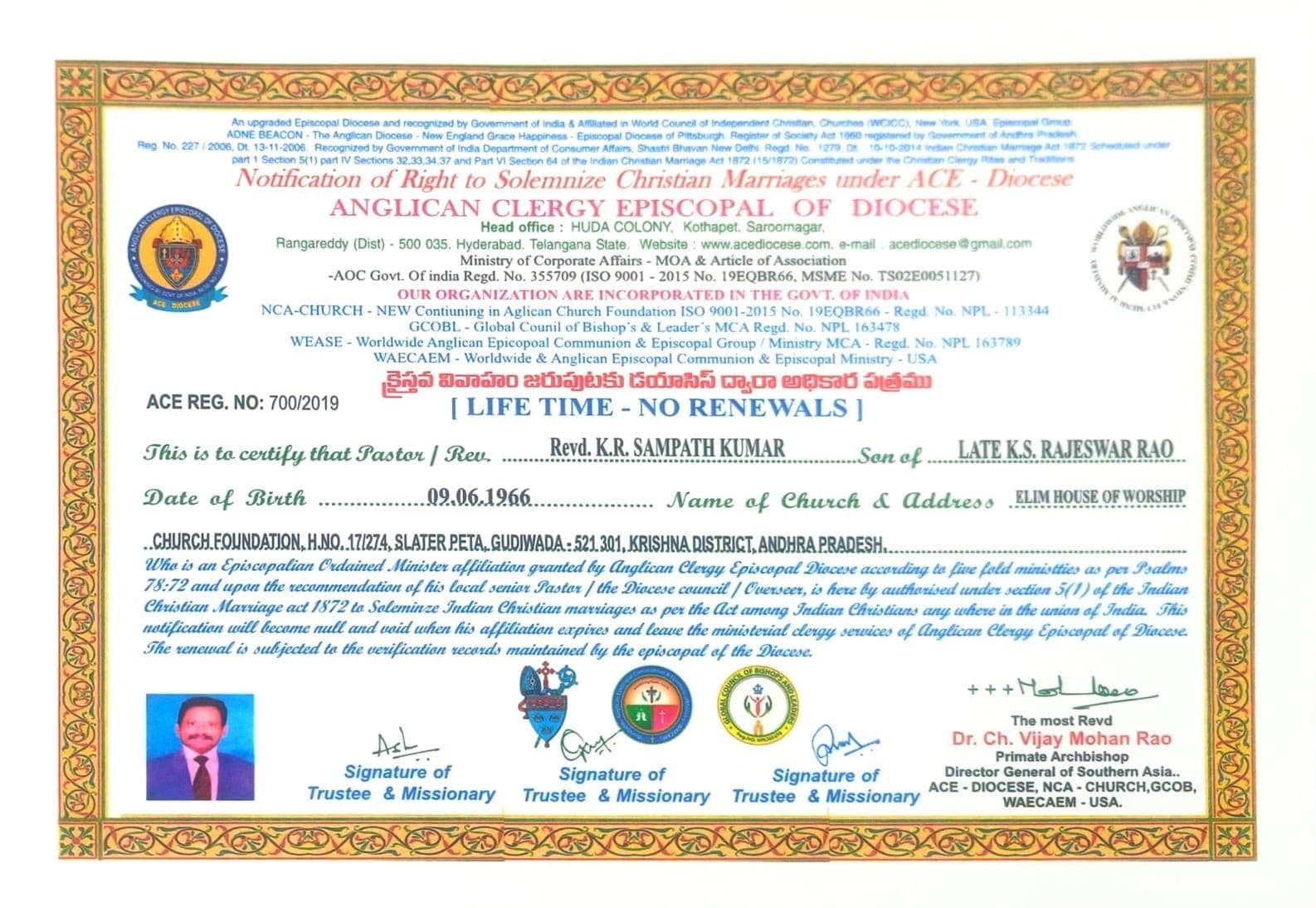 Marriage officiant license